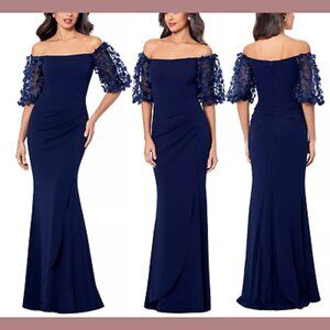 XSCAPE Women's Navy, Off-The-Shoulder, Floral Sleeve Gown.  Size 16 regular